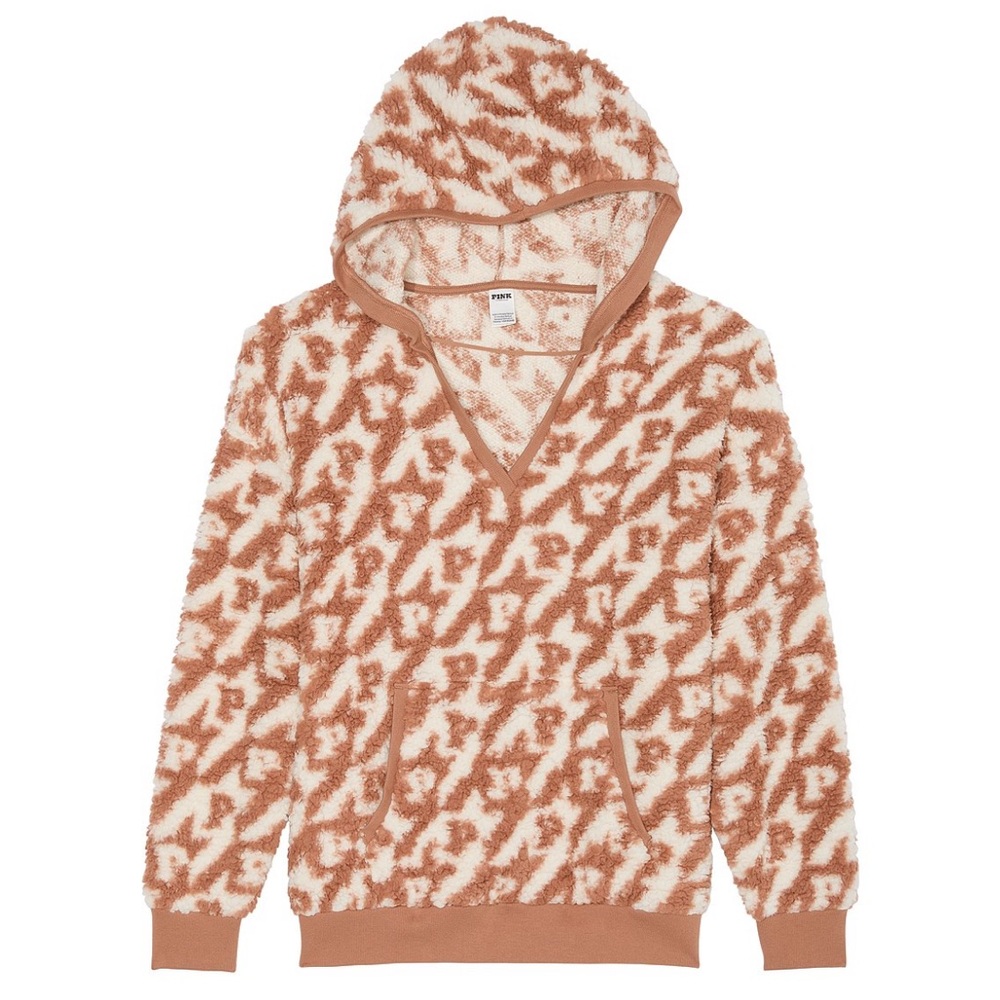 Victoria’s Secret Pink Cozy Fleece Pullover Hoodie-White Shell/Toffee Logo Sz.M - Picture 3 of 5
